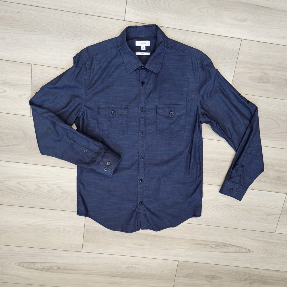 Calvin Klein Mens Button Up‎ Dress Shirt Size Medium Slim Chambray Dark Blue
